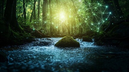 Poster - a photograph showcasing an intelligent forest river ecosystem with water sensors and glowing network