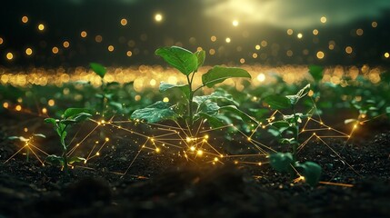 Poster - a photograph showcasing an agricultural ecosystem with interconnected iot devices monitoring soil pl