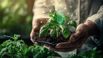 Poster - A photograph showcasing an agricultural ecosystem with interconnected IoT devices monitoring soil plants and weather conditions represented by glowing network lines