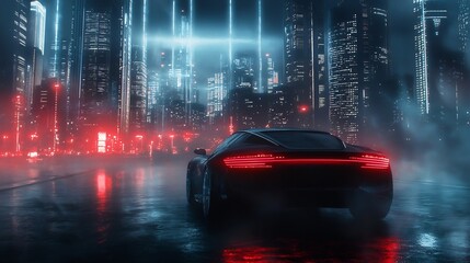 Poster - a futuristic city skyline with glowing holographic network lines linking high tech skyscrapers and a