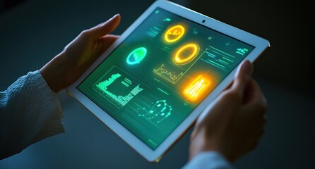 Poster - Woman reviewing data analytics on tablet.