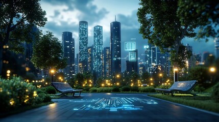 Poster - A photograph of a futuristic urban park featuring networked benches smart lighting systems and holographic data displays leaving ample copy space on the right side of the image