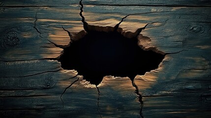 Aufkleber - Cracked Wooden Surface with Dark Hole in Center, Aged Board Background, Realistic Texture and Ambient Lighting