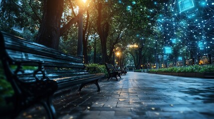 Poster - a photograph of a futuristic urban park featuring networked benches smart lighting and holographic d