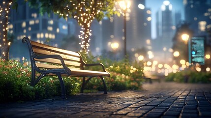 Poster - futuristic urban park featuring networked benches smart lighting and holographic data displays leavi