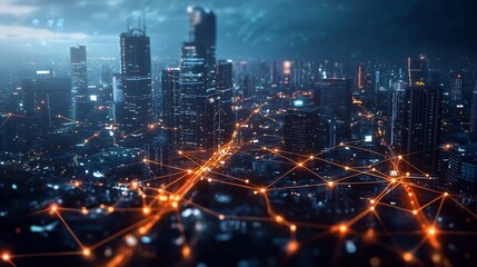 Poster - futuristic nighttime metropolis with vibrant neon lights interconnected digital networks and innovat