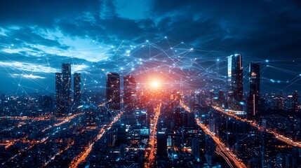 Poster - a vibrant and technologically advanced future city with neon lights glowing network connections betw
