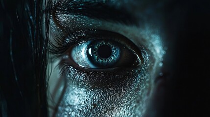 Poster - In a dimly lit space, a single eye glows softly, surrounded by darkness. The light highlights intricate details, showcasing the beauty and depth of the human gaze
