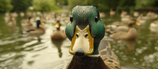 Poster - Close-up of a mallard duck's head and upper body, in a pond with other ducks in the background.