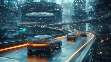Poster - Aerial view of a multi level futuristic urban highway with interconnected autonomous vehicles glowing holographic lanes and copy space at the bottom