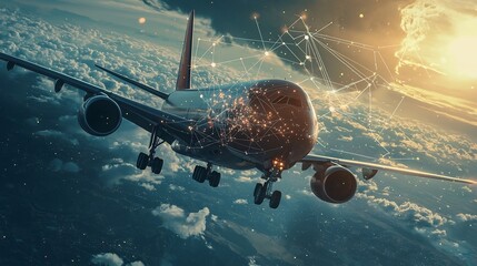 Poster - a fleet of advanced high tech airplanes navigating the sky connected by a dynamic holographic networ