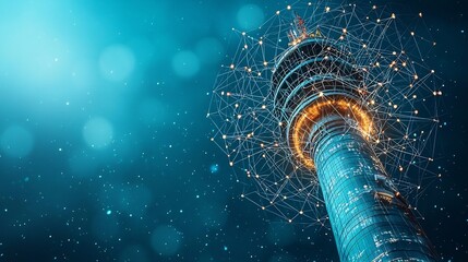 Poster - futuristic air traffic control tower with digital screens displaying interconnected flight paths rep