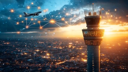 Poster - photograph of an air traffic control tower with digital screens displaying interconnected flight pat