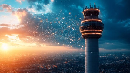 Poster - futuristic air traffic control tower with digital screens displaying interconnected networks of glow
