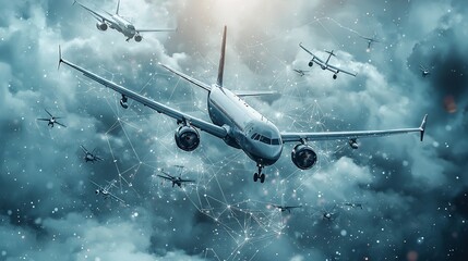 Poster - an aerial view showcasing a futuristic transportation network where planes and drones are connected 
