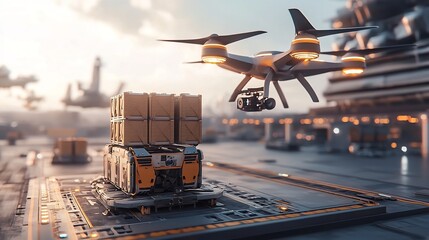 Poster - photograph of a futuristic cargo plane unloading goods with advanced autonomous systems connected to