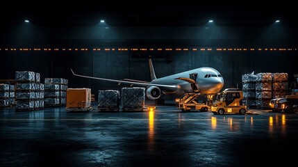 Poster - futuristic cargo plane unloading goods with autonomous systems connected to a real time logistics ne