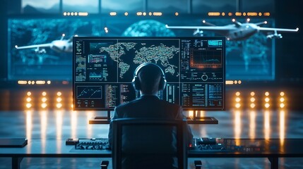 Poster - futuristic control room managing a fleet of unmanned aerial vehicles uavs with glowing network displ