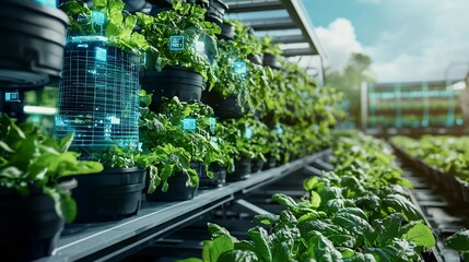 Poster - a photograph showcasing a high tech vertical farm seamlessly integrated with traditional agricultura