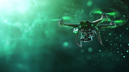 Poster - drone flying over an integrated farm analyzing data and connecting different agricultural zones via 