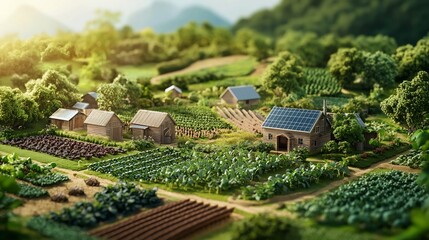 Poster - Photograph showcasing an innovative mixed farming system featuring barns automated irrigation technology and a central solar powered network demonstrating the of modern agriculture renewable energy