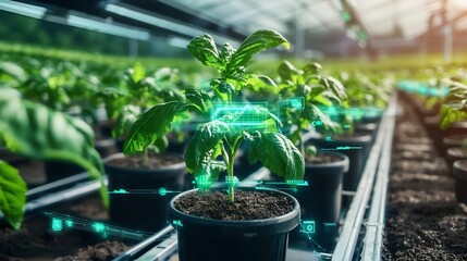 Poster - aerial view of a high tech vertical farm surrounded by traditional fields interconnected by smart de