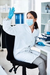 Poster - Scientist, vial and woman in laboratory for research, inspection or chemical analysis for pharma innovation. Science, medical test or sample for healthcare study, vaccine development or mpox medicine