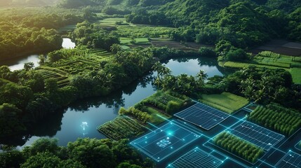 Poster - futuristic agroforestry interconnected smart devices powering sustainable agriculture with a fish po