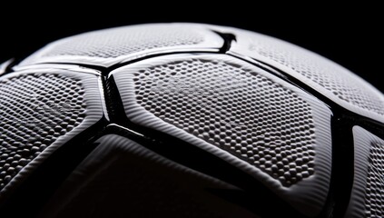 Poster - Close-up of a textured white soccer ball against a black background.