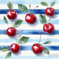 Poster - Seamless Pattern of Watercolor Cherries on Blue White Stripes Decorative Wallpaper