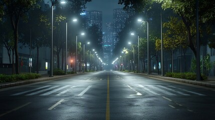 Poster - futuristic smart street lit by synchronized glowing holographic network poles leaving copy space at 