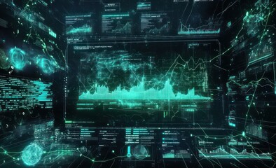 Aufkleber - Futuristic digital data visualization with global network, charts, and graphs.