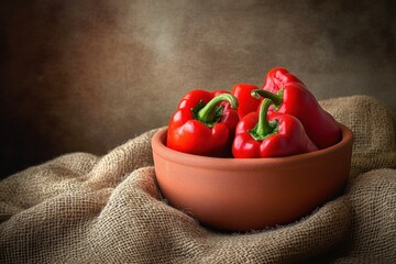 Poster - Red bell peppers in a terracotta bowl on burlap.