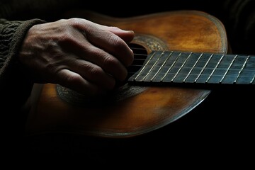 Poster - Close-up of a hand gently resting on a vintage acoustic guitar.