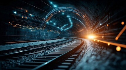 Poster - futuristic underground metro tunnel with sensor network cables visualized as glowing lines creating 