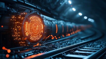 Poster - a photograph of an underground metro tunnel with high tech sensors and network cables visualized as 