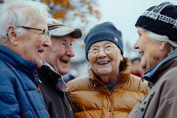 Group of senior friends walking in the park. They are laughing.