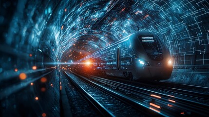 Poster - sleek and modern underground train moving rapidly through a dimly lit tunnel with glowing lines repr