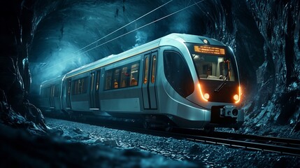 Poster - sleek and high speed underground train moving through a tunnel with glowing lines representing real 