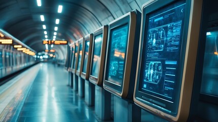 Poster - futuristic photograph showcasing an automated ticketing system in an underground metro interconnecte