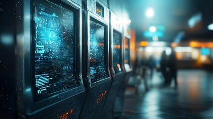 Poster - automated holographic ticketing system in futuristic metro terminal with copy space interconnected d