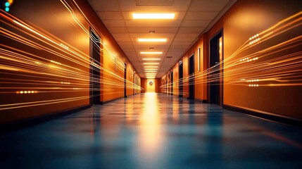 Poster - futuristic commercial building hallway with fire alarm devices visualized through glowing network li