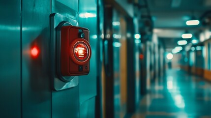 Poster - photograph of a smart fire alarm button integrated with a holographic network that connects to a cen