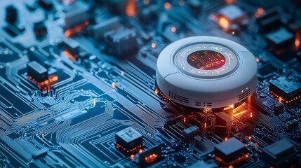 Poster - a photograph of a state of the art fire alarm system equipped with iot sensors that monitor heat and