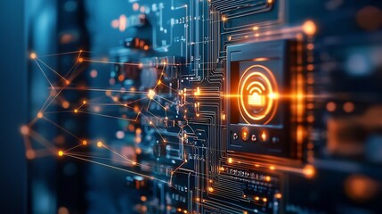 Poster - Cutting edge fire alarm system with IoT sensors visualizing heat and smoke level monitoring showcasing a glowing network of interconnected devices for enhanced safety and security