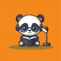 Aufkleber - Cute panda bear reading a book with glasses and headphones.