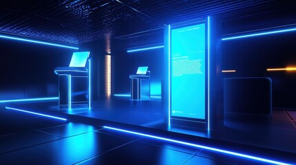 Poster - Futuristic Interactive Space with Neon Lights and Technology Display