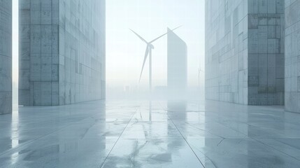 Poster - Foggy Urban Landscape with Wind Turbines and Modern Architecture