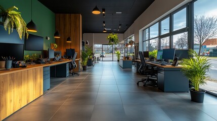 Poster - Modern open-plan office with wood desks, plants, and large windows.