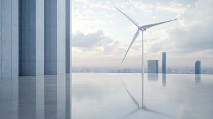 Poster - Modern Wind Turbine on Rooftop with Cityscape and Cloudy Sky